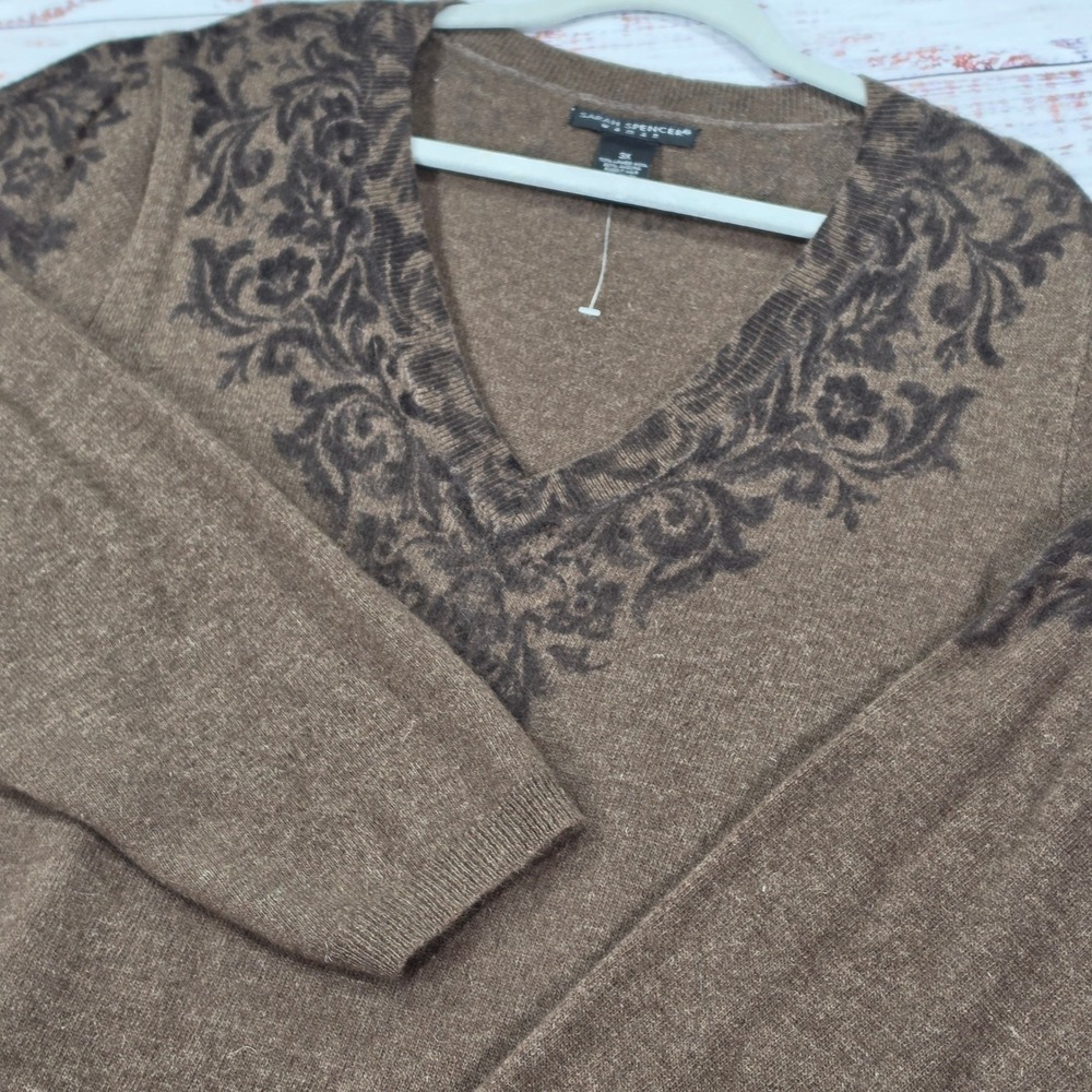 Sarah Spencer Sweater Womens 3X Brown Excellent Lambswool Angora V-Neck Damask